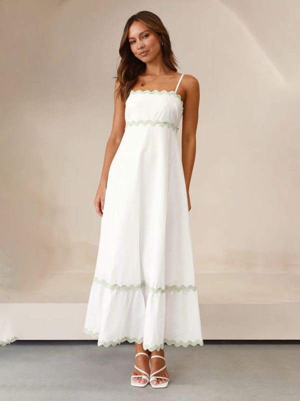 Capri - Wavy Trim Maxi Dress with Spaghetti Straps and A-line Silhouette