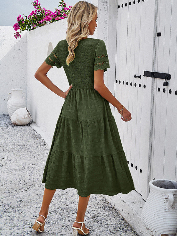 Alia - Smocked Bodice Midi Dress with Hollow-Out Lace Sleeves