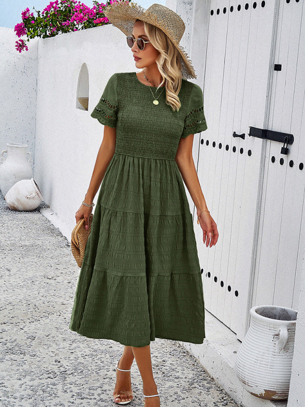 Alia - Smocked Bodice Midi Dress with Hollow-Out Lace Sleeves