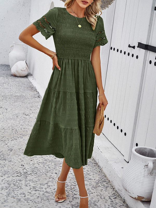 Alia - Smocked Bodice Midi Dress with Hollow-Out Lace Sleeves