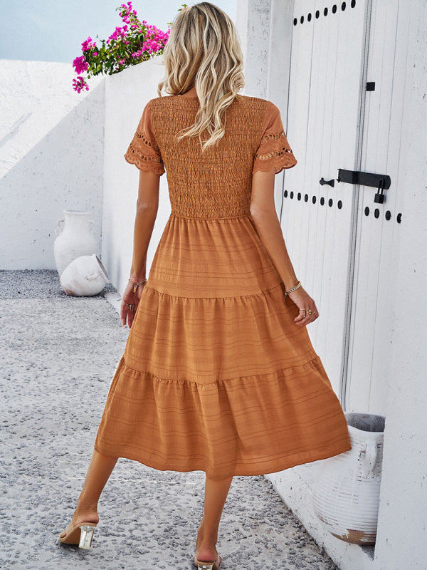 Alia - Smocked Bodice Midi Dress with Hollow-Out Lace Sleeves