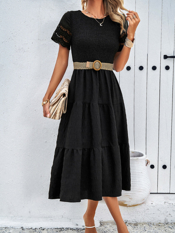 Alia - Smocked Bodice Midi Dress with Hollow-Out Lace Sleeves