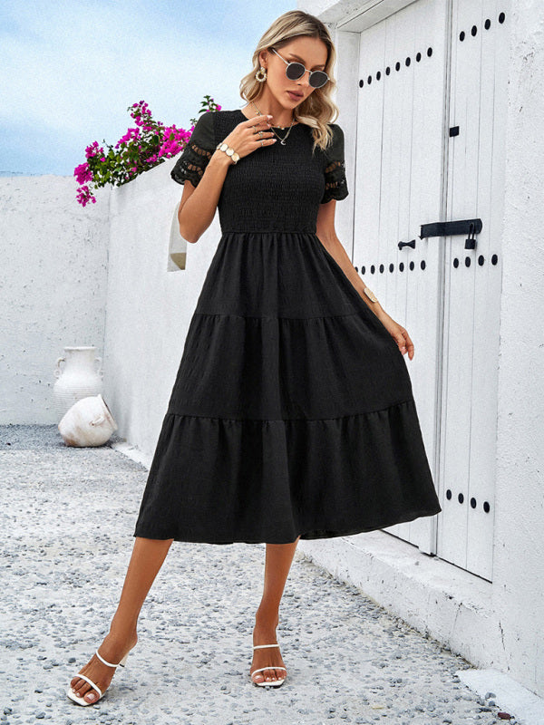 Alia - Smocked Bodice Midi Dress with Hollow-Out Lace Sleeves