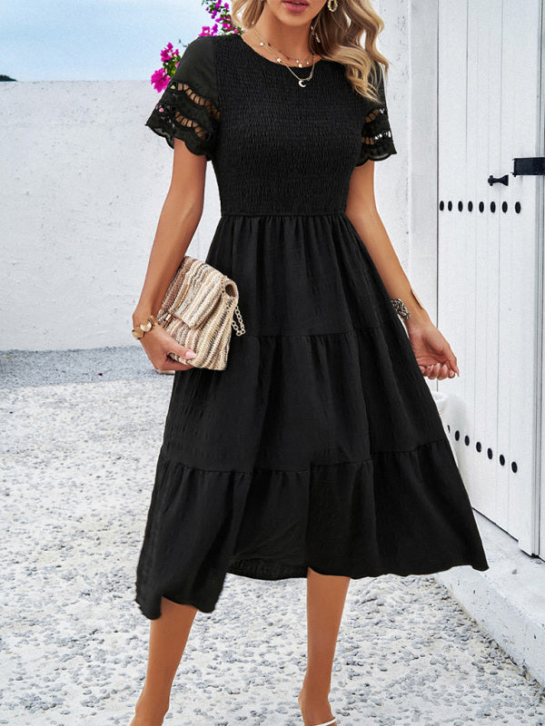 Alia - Smocked Bodice Midi Dress with Hollow-Out Lace Sleeves