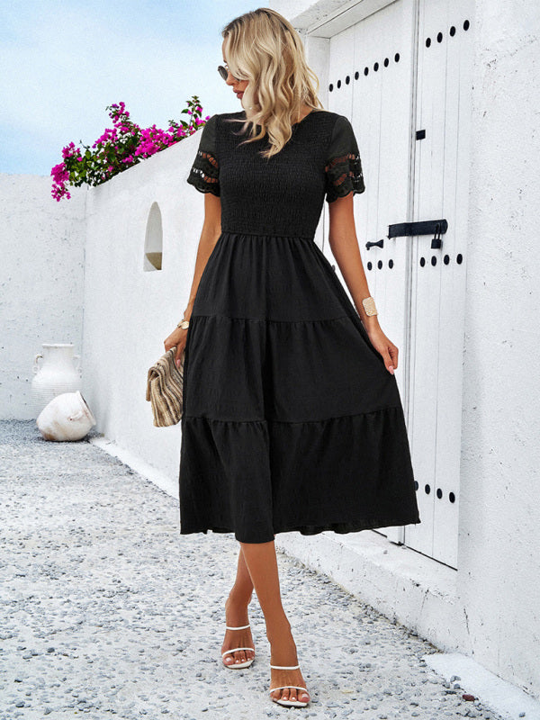 Alia - Smocked Bodice Midi Dress with Hollow-Out Lace Sleeves