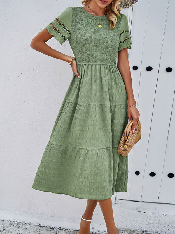 Alia - Smocked Bodice Midi Dress with Hollow-Out Lace Sleeves