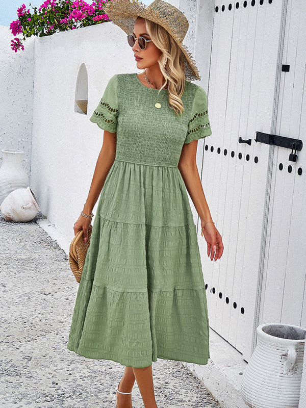 Alia - Smocked Bodice Midi Dress with Hollow-Out Lace Sleeves