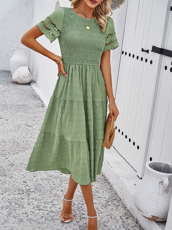 Alia - Smocked Bodice Midi Dress with Hollow-Out Lace Sleeves