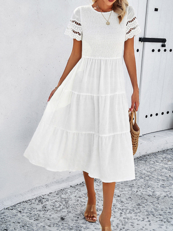 Alia - Smocked Bodice Midi Dress with Hollow-Out Lace Sleeves