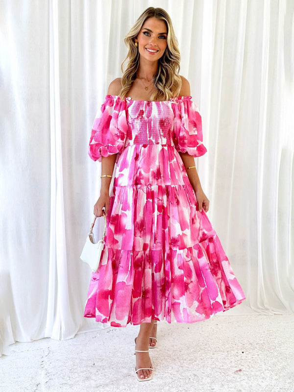 Rochelle - Floral Print Off-Shoulder Midi Dress with Puff Sleeves