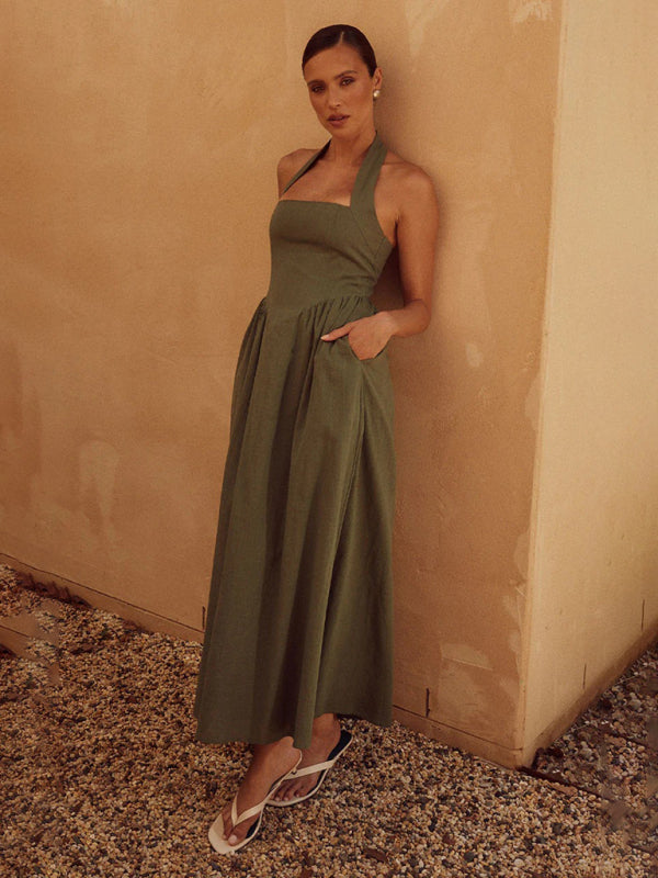 Nora - Halter Neck Maxi Dress with Wide Straps and Pockets