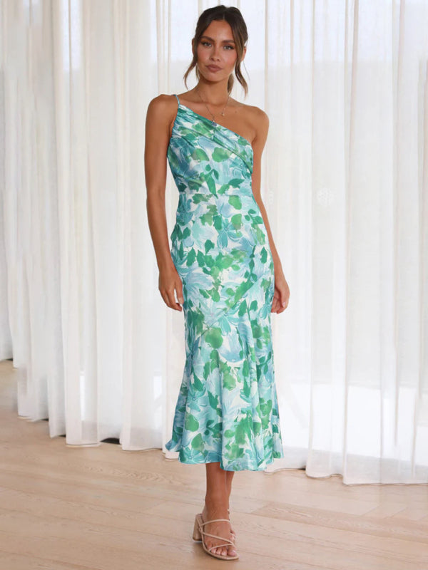 Paige - Asymmetrical Neckline Floral Print Midi Dress with Fishtail Hem