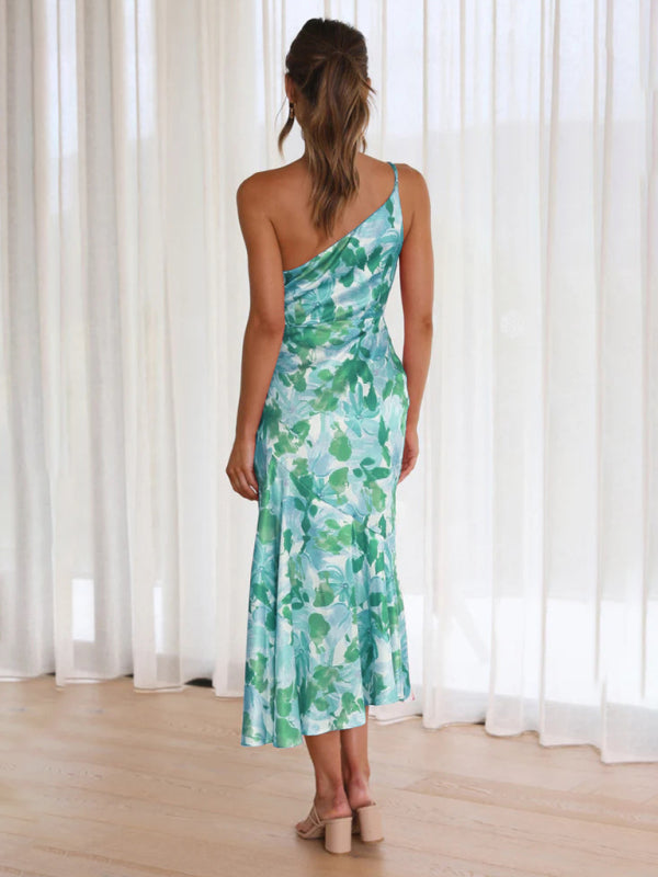 Paige - Asymmetrical Neckline Floral Print Midi Dress with Fishtail Hem