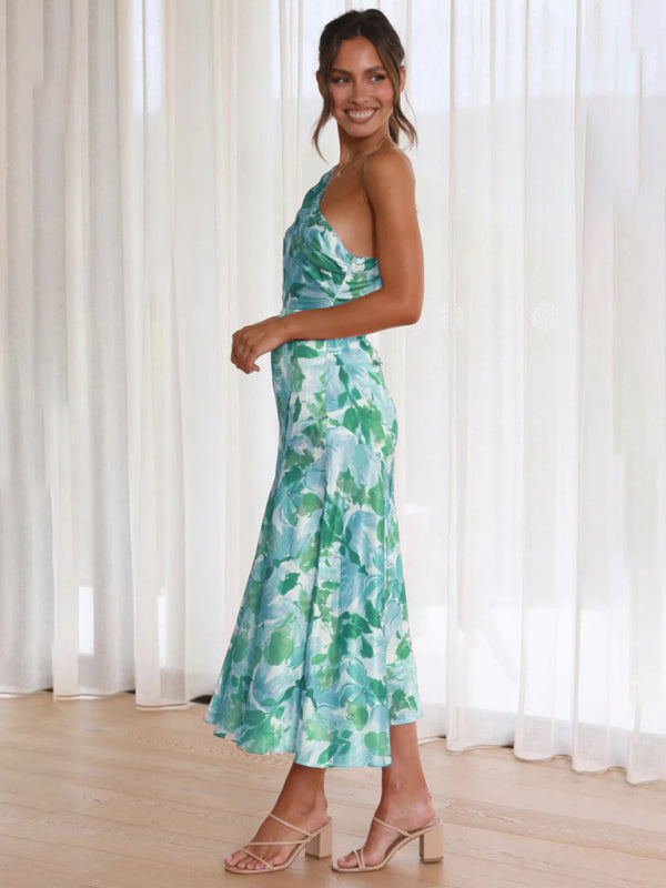 Paige - Asymmetrical Neckline Floral Print Midi Dress with Fishtail Hem