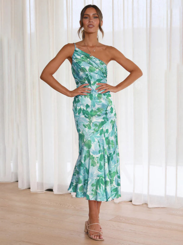 Paige - Asymmetrical Neckline Floral Print Midi Dress with Fishtail Hem