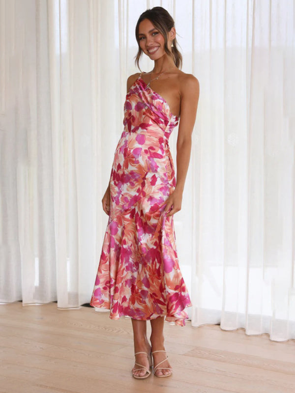 Paige - Asymmetrical Neckline Floral Print Midi Dress with Fishtail Hem