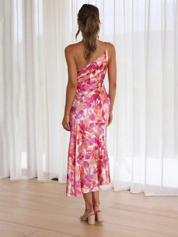 Paige - Asymmetrical Neckline Floral Print Midi Dress with Fishtail Hem