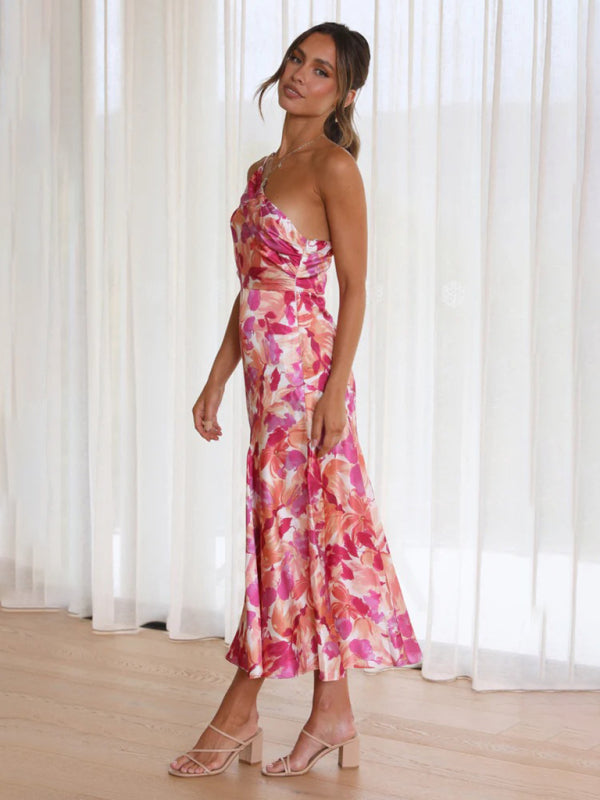 Paige - Asymmetrical Neckline Floral Print Midi Dress with Fishtail Hem