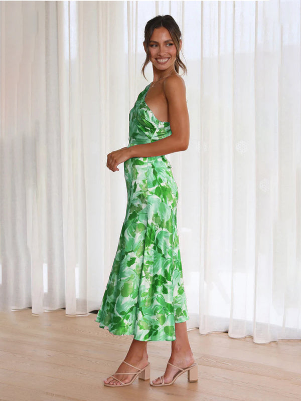 Paige - Asymmetrical Neckline Floral Print Midi Dress with Fishtail Hem