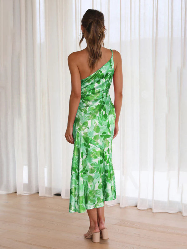 Paige - Asymmetrical Neckline Floral Print Midi Dress with Fishtail Hem