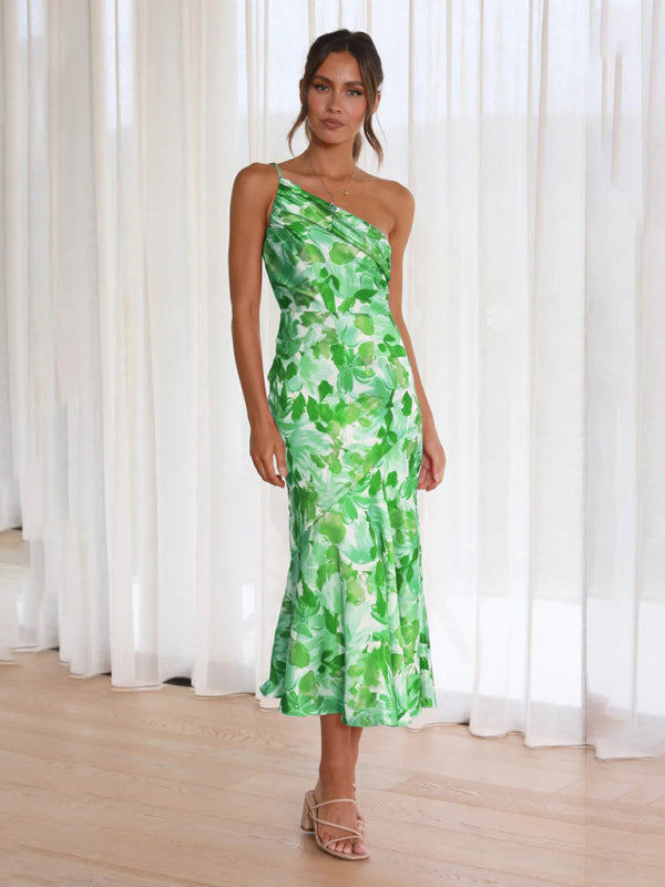 Paige - Asymmetrical Neckline Floral Print Midi Dress with Fishtail Hem