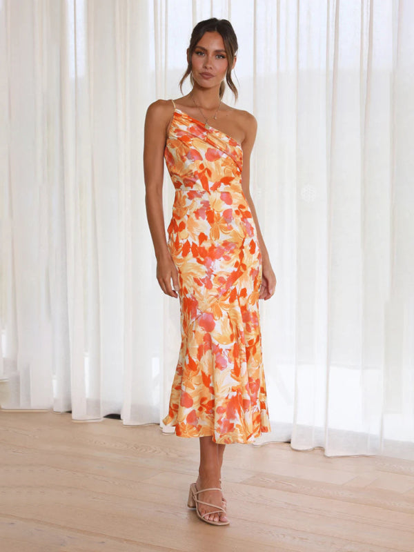 Paige - Asymmetrical Neckline Floral Print Midi Dress with Fishtail Hem