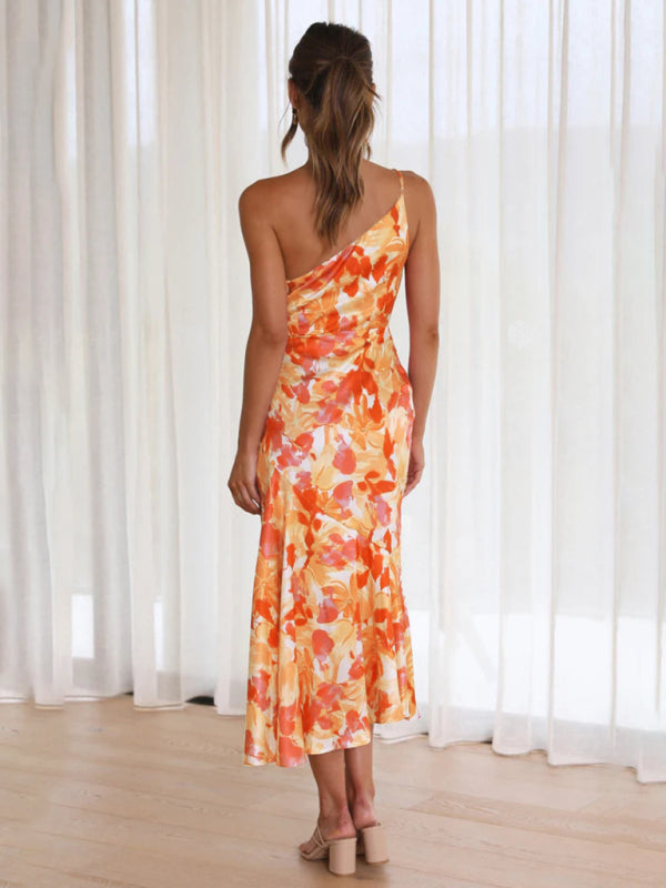 Paige - Asymmetrical Neckline Floral Print Midi Dress with Fishtail Hem