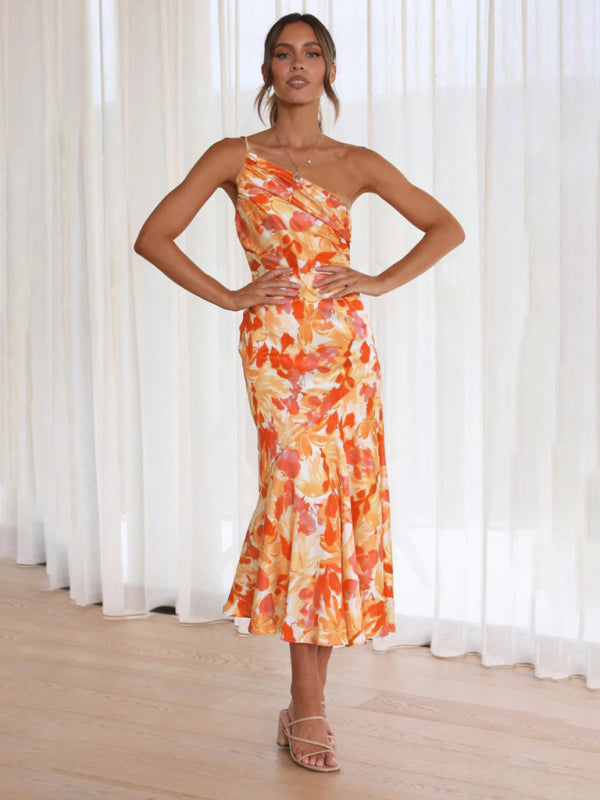 Paige - Asymmetrical Neckline Floral Print Midi Dress with Fishtail Hem