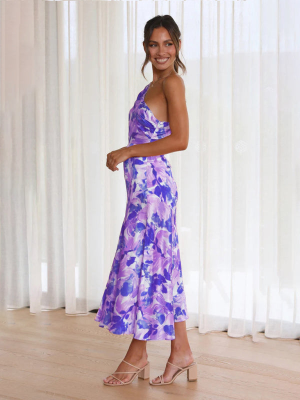 Paige - Asymmetrical Neckline Floral Print Midi Dress with Fishtail Hem