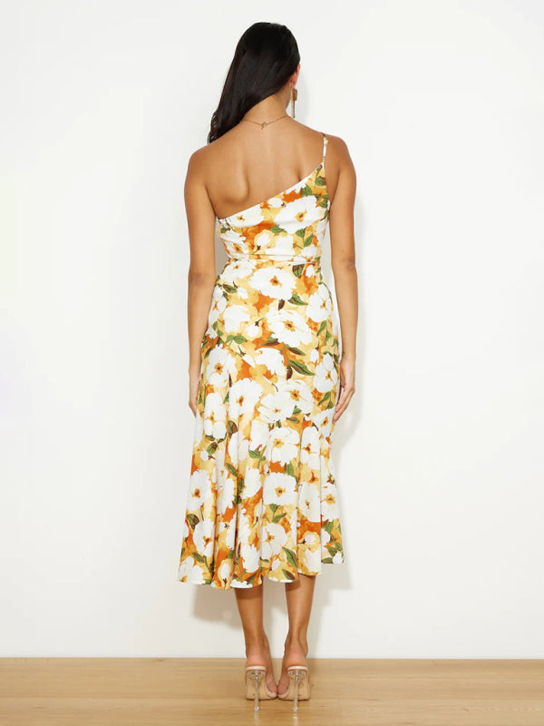 Paige - Asymmetrical Neckline Floral Print Midi Dress with Fishtail Hem