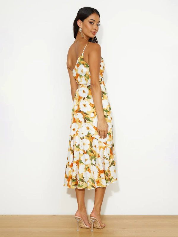 Paige - Asymmetrical Neckline Floral Print Midi Dress with Fishtail Hem