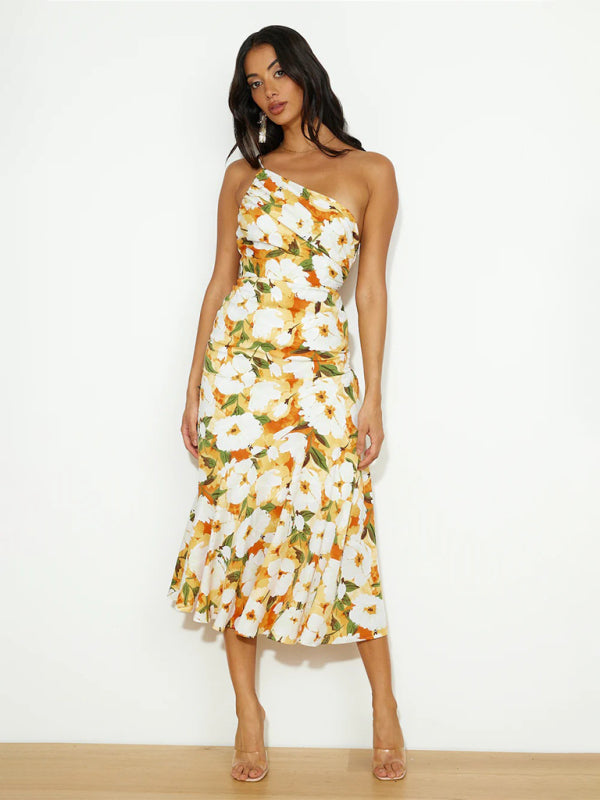 Paige - Asymmetrical Neckline Floral Print Midi Dress with Fishtail Hem