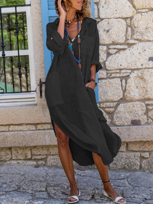 Amelia - Buttoned Long Shirt Dress with Side Slit and Pockets