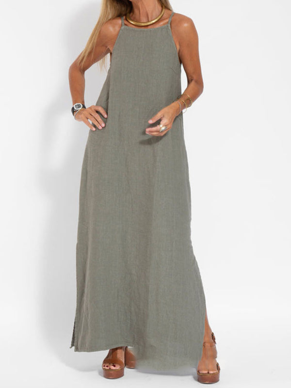 Eve - Halter Maxi Dress with Side Slit and Cotton Linen Blend