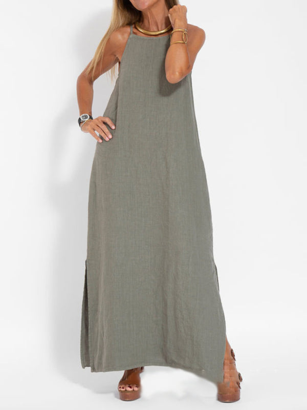 Eve - Halter Maxi Dress with Side Slit and Cotton Linen Blend