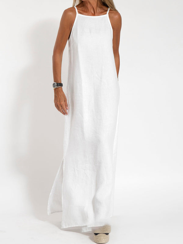 Eve - Halter Maxi Dress with Side Slit and Cotton Linen Blend