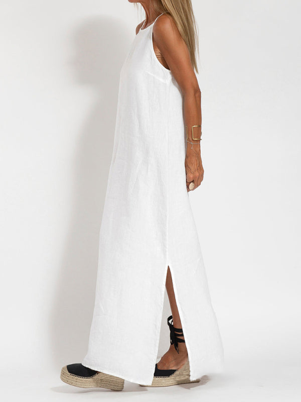 Eve - Halter Maxi Dress with Side Slit and Cotton Linen Blend