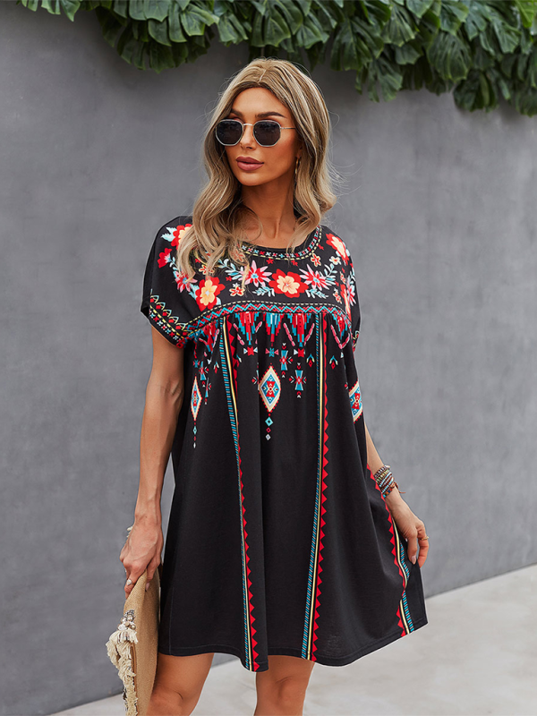 Lennox - Bohemian Short Dress with Floral Geometric Print and Embroidery