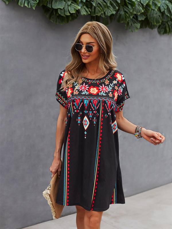 Lennox - Bohemian Short Dress with Floral Geometric Print and Embroidery