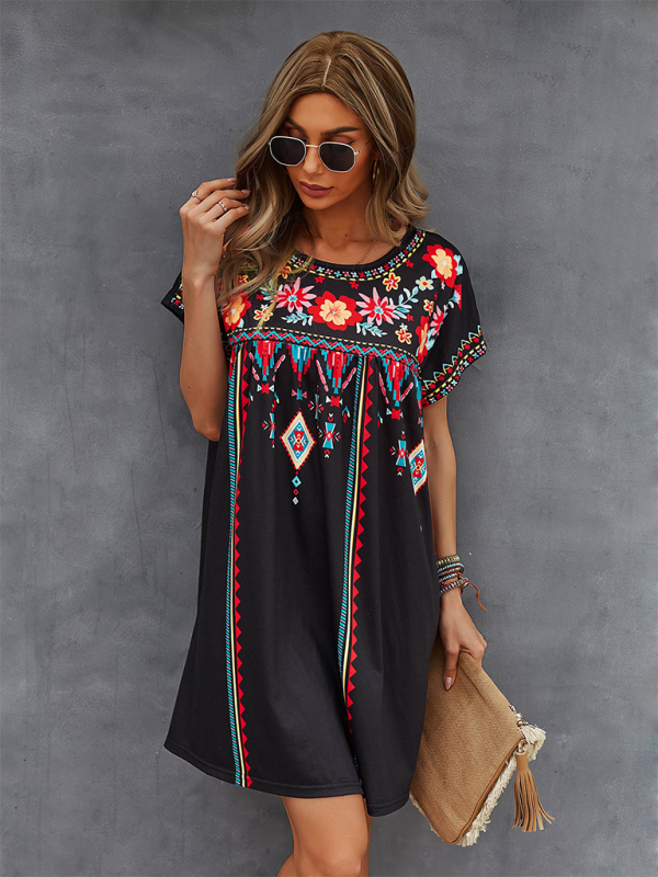 Lennox - Bohemian Short Dress with Floral Geometric Print and Embroidery