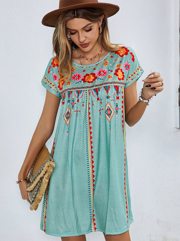 Lennox - Bohemian Short Dress with Floral Geometric Print and Embroidery