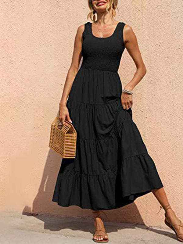 Regina - Smocked Bodice Maxi Dress with Tiered Pleated A-line Skirt