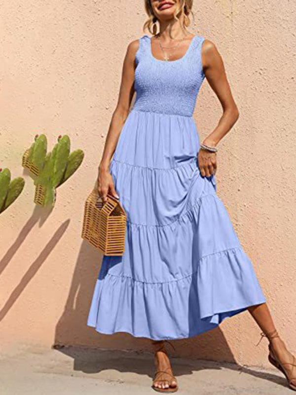 Regina - Smocked Bodice Maxi Dress with Tiered Pleated A-line Skirt