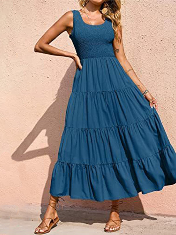 Regina - Smocked Bodice Maxi Dress with Tiered Pleated A-line Skirt