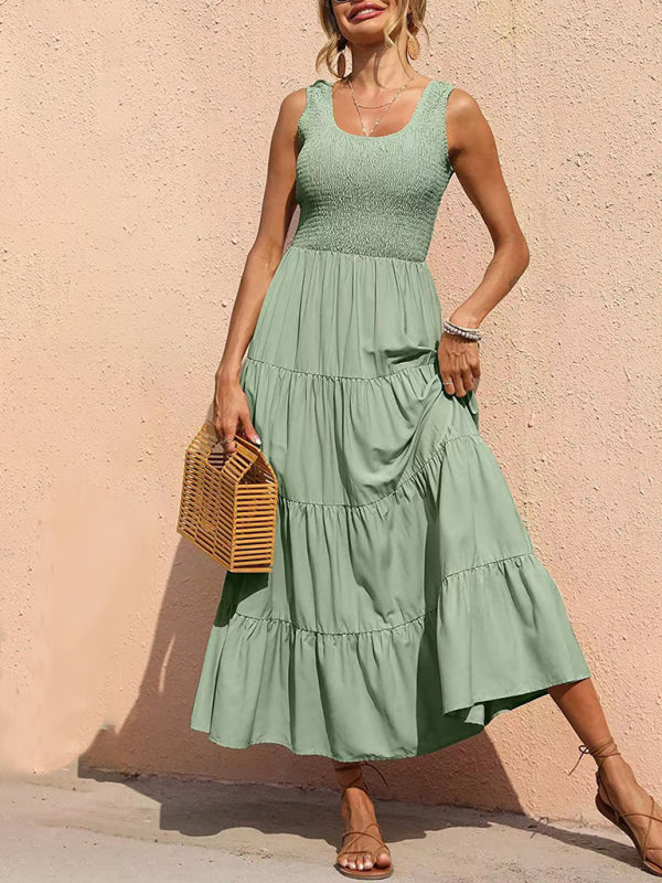 Regina - Smocked Bodice Maxi Dress with Tiered Pleated A-line Skirt