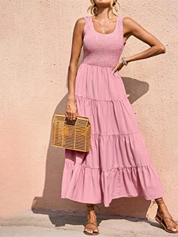 Regina - Smocked Bodice Maxi Dress with Tiered Pleated A-line Skirt