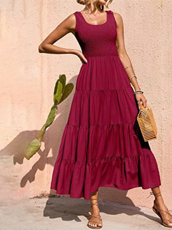 Regina - Smocked Bodice Maxi Dress with Tiered Pleated A-line Skirt