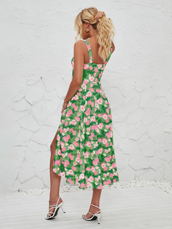 Rosa - Floral Print Midi Dress with Square Neckline and Front Tie Detail