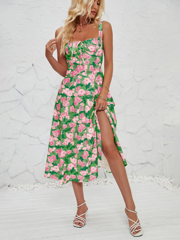 Rosa - Floral Print Midi Dress with Square Neckline and Front Tie Detail