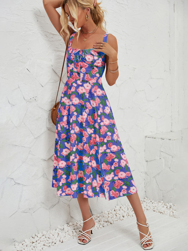 Rosa - Floral Print Midi Dress with Square Neckline and Front Tie Detail